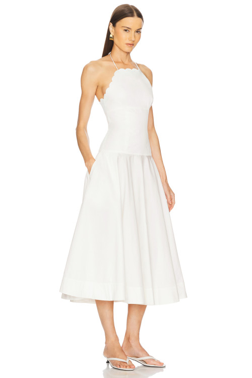 Elegant White Halter Neck Backless Scalloped Neckline Design Midi Dress
