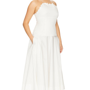 Elegant White Halter Neck Backless Scalloped Neckline Design Midi Dress