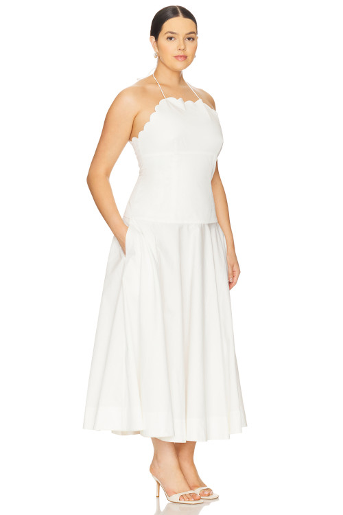 Elegant White Halter Neck Backless Scalloped Neckline Design Midi Dress