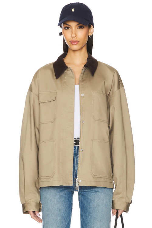 2025 Hot Sale Fashionable Customized Khaki Utility Style Twill Fabric Corduroy Collar Jacket