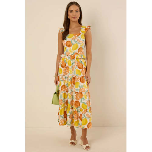 Fashion Sweat Square Neckline Camisole Smocked Straps Smocked Back Fruit Print Casual Tops