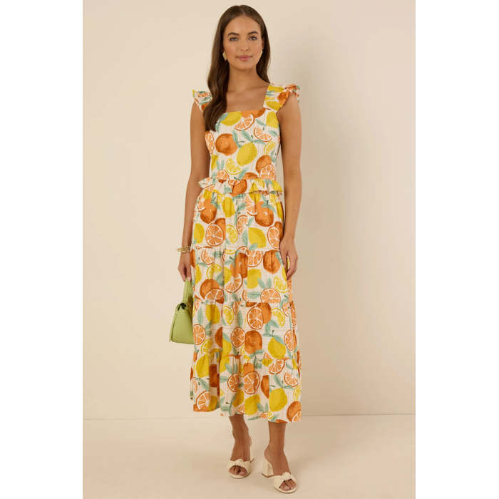Fashion Sweat Square Neckline Camisole Smocked Straps Smocked Back Fruit Print Casual Tops
