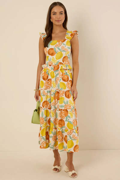 Fashion Sweat Square Neckline Camisole Smocked Straps Smocked Back Fruit Print Casual Tops