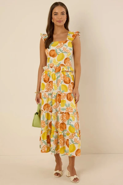Fashion Sweat Square Neckline Camisole Smocked Straps Smocked Back Fruit Print Casual Tops