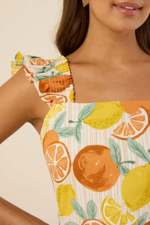 Fashion Sweat Square Neckline Camisole Smocked Straps Smocked Back Fruit Print Casual Tops