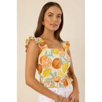 Fashion Sweat Square Neckline Camisole Smocked Straps Smocked Back Fruit Print Casual Tops