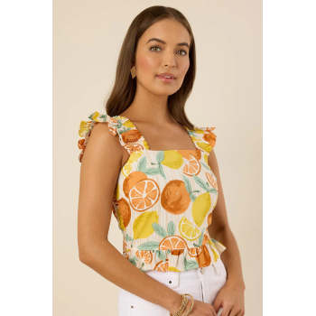 Fashion Sweat Square Neckline Camisole Smocked Straps Smocked Back Fruit Print Casual Tops