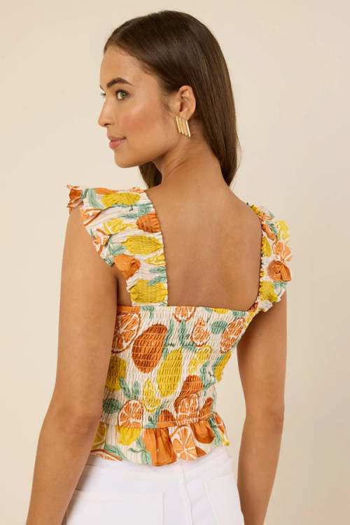 Fashion Sweat Square Neckline Camisole Smocked Straps Smocked Back Fruit Print Casual Tops