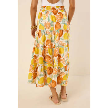 Fashion Sweat Smocked Waistband Smocked Waistband High Waist Fruit Print Casual Tiered Skirt