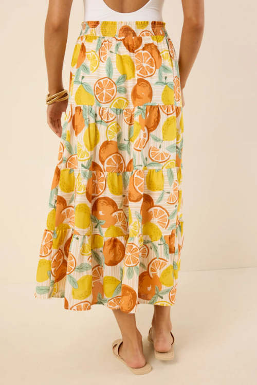 Fashion Sweat Smocked Waistband Smocked Waistband High Waist Fruit Print Casual Tiered Skirt