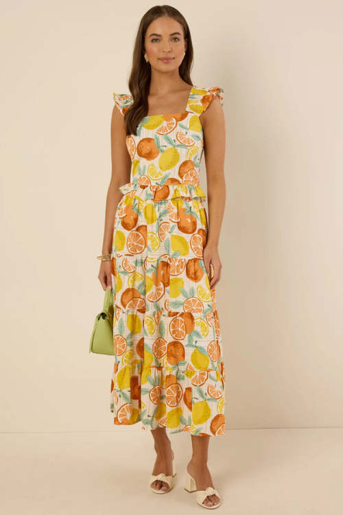 Fashion Sweat Smocked Waistband Smocked Waistband High Waist Fruit Print Casual Tiered Skirt