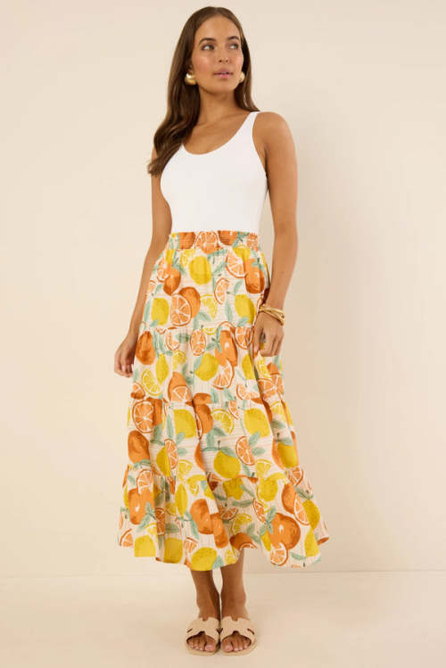 Fashion Sweat Smocked Waistband Smocked Waistband High Waist Fruit Print Casual Tiered Skirt