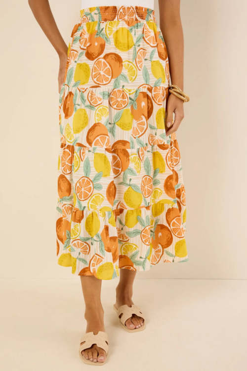 Fashion Sweat Smocked Waistband Smocked Waistband High Waist Fruit Print Casual Tiered Skirt