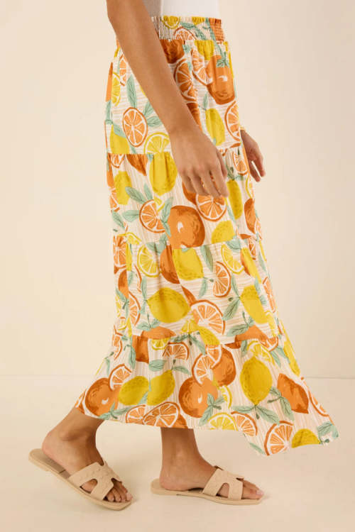 Fashion Sweat Smocked Waistband Smocked Waistband High Waist Fruit Print Casual Tiered Skirt