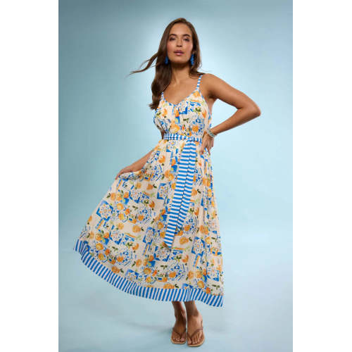 Elegant V-Neckline Camisole Spaghetti Straps Self-Tie Belted Waist Icon Print Striped Trim Dress