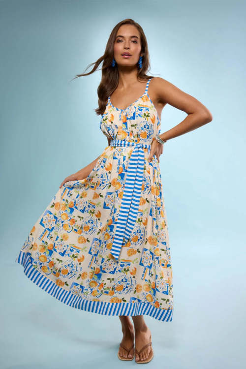 Elegant V-Neckline Camisole Spaghetti Straps Self-Tie Belted Waist Icon Print Striped Trim Dress