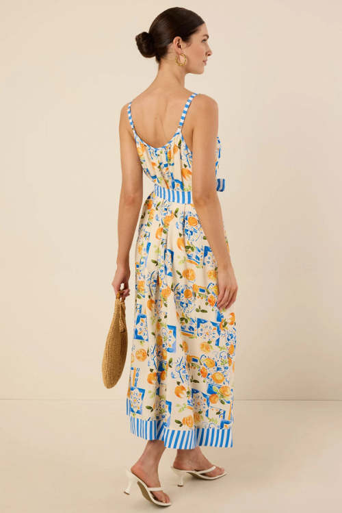Elegant V-Neckline Camisole Spaghetti Straps Self-Tie Belted Waist Icon Print Striped Trim Dress