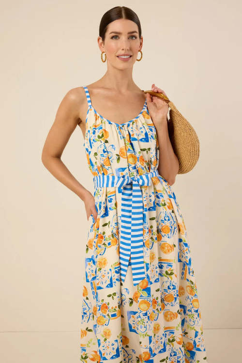 Elegant V-Neckline Camisole Spaghetti Straps Self-Tie Belted Waist Icon Print Striped Trim Dress