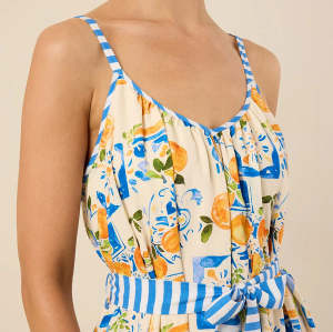 Elegant V-Neckline Camisole Spaghetti Straps Self-Tie Belted Waist Icon Print Striped Trim Dress