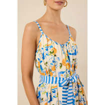 Elegant V-Neckline Camisole Spaghetti Straps Self-Tie Belted Waist Icon Print Striped Trim Dress