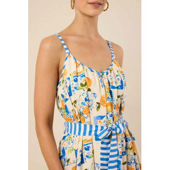 Elegant V-Neckline Camisole Spaghetti Straps Self-Tie Belted Waist Icon Print Striped Trim Dress