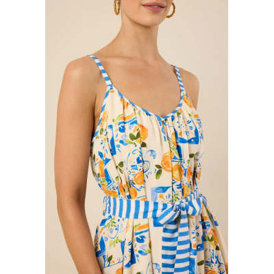 Elegant V-Neckline Camisole Spaghetti Straps Self-Tie Belted Waist Icon Print Striped Trim Dress