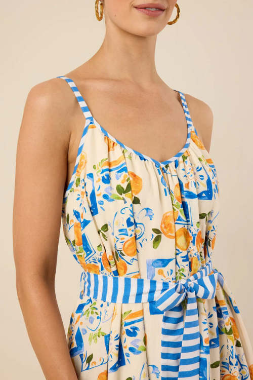 Elegant V-Neckline Camisole Spaghetti Straps Self-Tie Belted Waist Icon Print Striped Trim Dress
