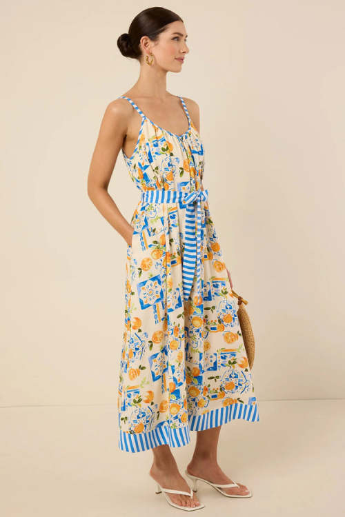 Elegant V-Neckline Camisole Spaghetti Straps Self-Tie Belted Waist Icon Print Striped Trim Dress