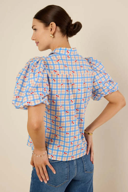Sample Elegant Spread Collar V-Neckline Short Puff Sleeve Check Print With Cherries Casual Tops
