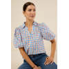 Sample Elegant Spread Collar V-Neckline Short Puff Sleeve Check Print With Cherries Casual Tops