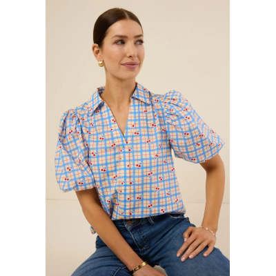 Sample Elegant Spread Collar V-Neckline Short Puff Sleeve Check Print With Cherries Casual Tops
