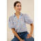 Sample Elegant Spread Collar V-Neckline Short Puff Sleeve Check Print With Cherries Casual Tops