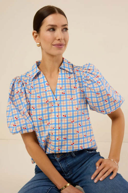 Sample Elegant Spread Collar V-Neckline Short Puff Sleeve Check Print With Cherries Casual Tops