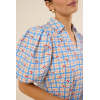 Sample Elegant Spread Collar V-Neckline Short Puff Sleeve Check Print With Cherries Casual Tops