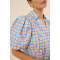 Sample Elegant Spread Collar V-Neckline Short Puff Sleeve Check Print With Cherries Casual Tops