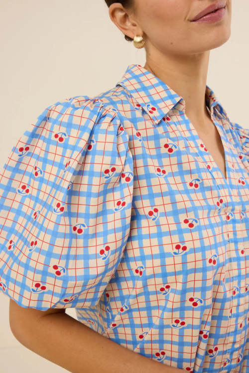 Sample Elegant Spread Collar V-Neckline Short Puff Sleeve Check Print With Cherries Casual Tops