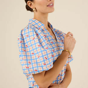 Sample Elegant Spread Collar V-Neckline Short Puff Sleeve Check Print With Cherries Casual Tops