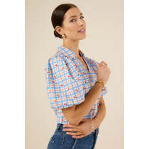 Sample Elegant Spread Collar V-Neckline Short Puff Sleeve Check Print With Cherries Casual Tops