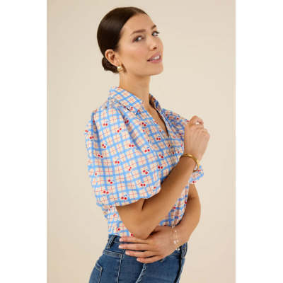 Sample Elegant Spread Collar V-Neckline Short Puff Sleeve Check Print With Cherries Casual Tops
