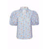 Sample Elegant Spread Collar V-Neckline Short Puff Sleeve Check Print With Cherries Casual Tops