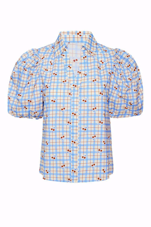 Sample Elegant Spread Collar V-Neckline Short Puff Sleeve Check Print With Cherries Casual Tops