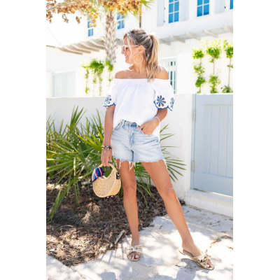Sample Off Shoulder Smocked At Neckline Embroidered Floral Solid Color Casual Tops