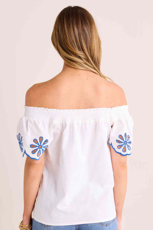 Sample Off Shoulder Smocked At Neckline Embroidered Floral Solid Color Casual Tops