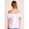 Sample Off Shoulder Smocked At Neckline Embroidered Floral Solid Color Casual Tops