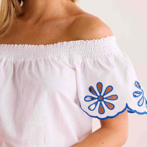 Sample Off Shoulder Smocked At Neckline Embroidered Floral Solid Color Casual Tops