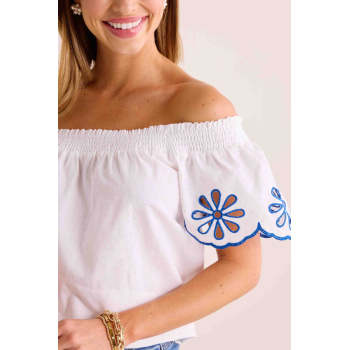 Sample Off Shoulder Smocked At Neckline Embroidered Floral Solid Color Casual Tops