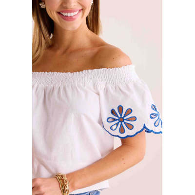Sample Off Shoulder Smocked At Neckline Embroidered Floral Solid Color Casual Tops