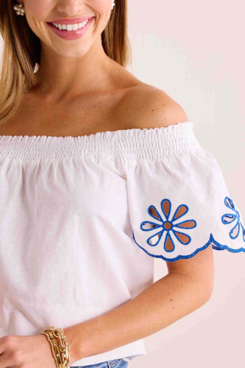 Sample Off Shoulder Smocked At Neckline Embroidered Floral Solid Color Casual Tops