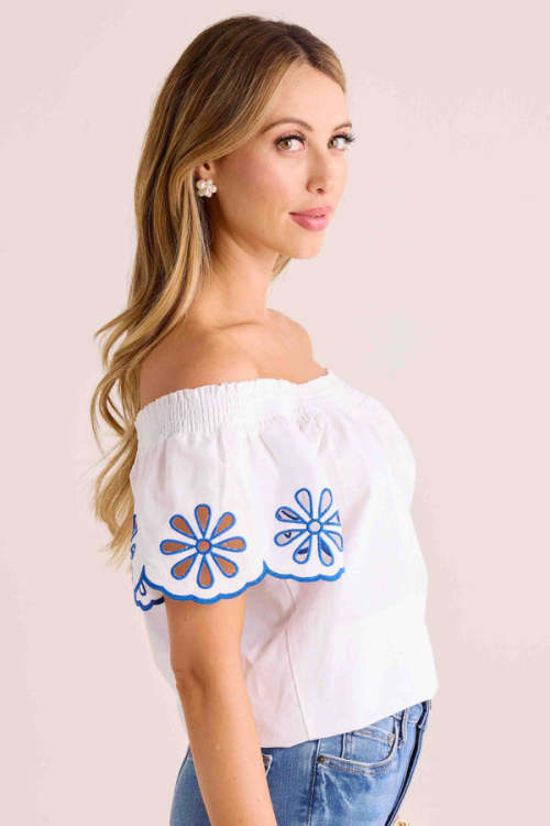 Sample Off Shoulder Smocked At Neckline Embroidered Floral Solid Color Casual Tops