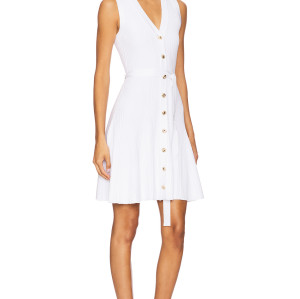 Elegant Simple Sleeveless White Knitted V Neck Gold Buttons Dress